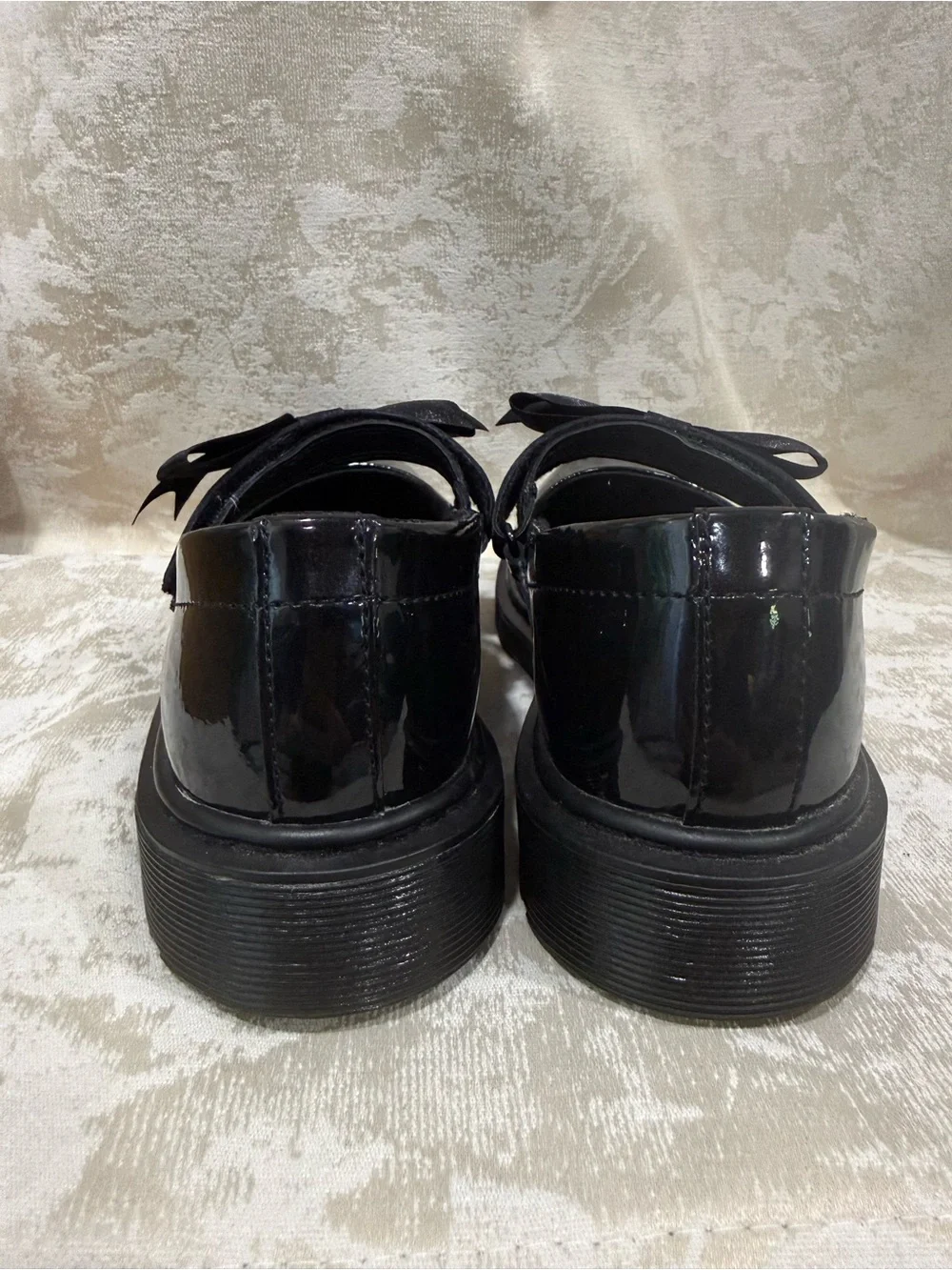 Doc Martens Black Patent Mary Jane Flats Velcro Straps with Bows Maccy II